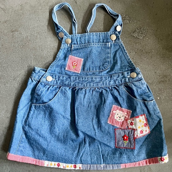Vintage CRADLE TOGS Denim Overall Dress Embroidered Patchwork size 18 mos cotton - Picture 1 of 7